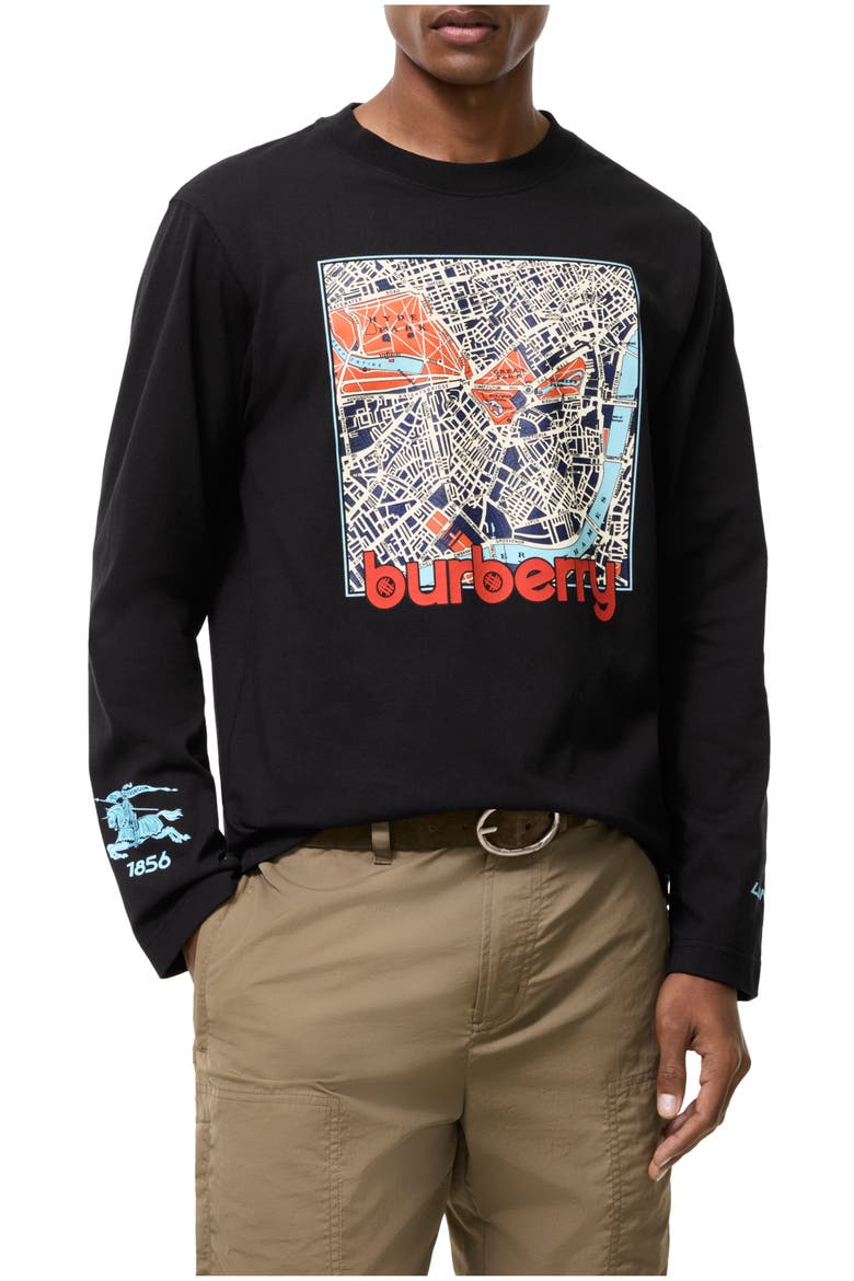 Long-sleeve London Map Cotton T-shirt, Main, color, Black
