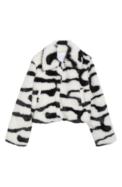 Abstract Print Faux Fur Jacket