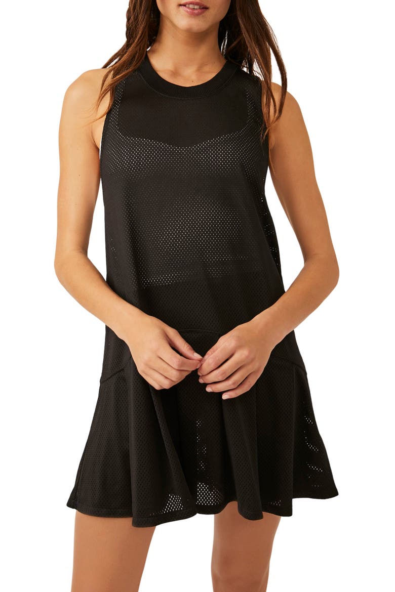 Courtside Pleated Sheer Mesh Dress, Main, color, BLACK