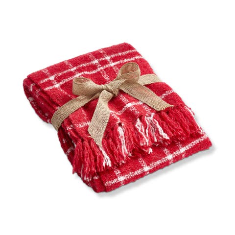 Merry Plaid Acrylic Decorative Throw Red and White Fringe