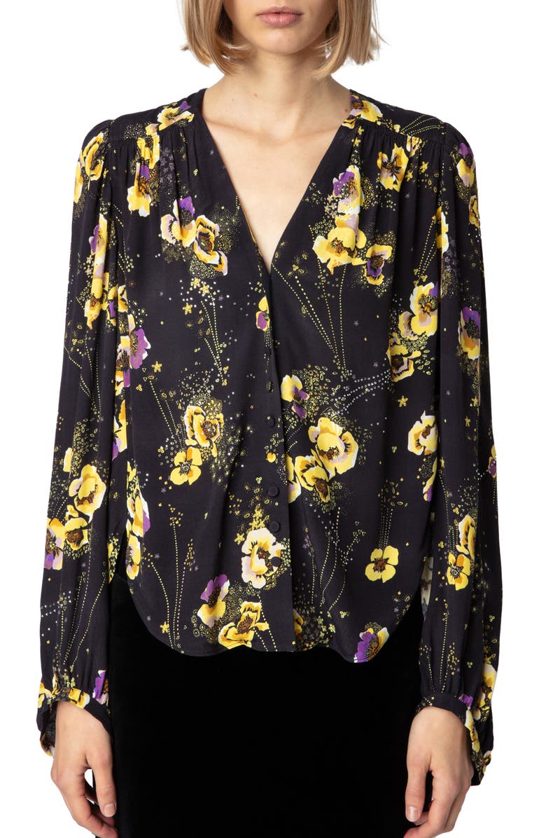 Zadig & Voltaire Turin Yoko Floral Diamanté Crepe Button-Up Shirt, Main, color, 