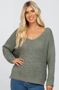 PinkBlush V-Neck Side Slit Thick Knit Sweater