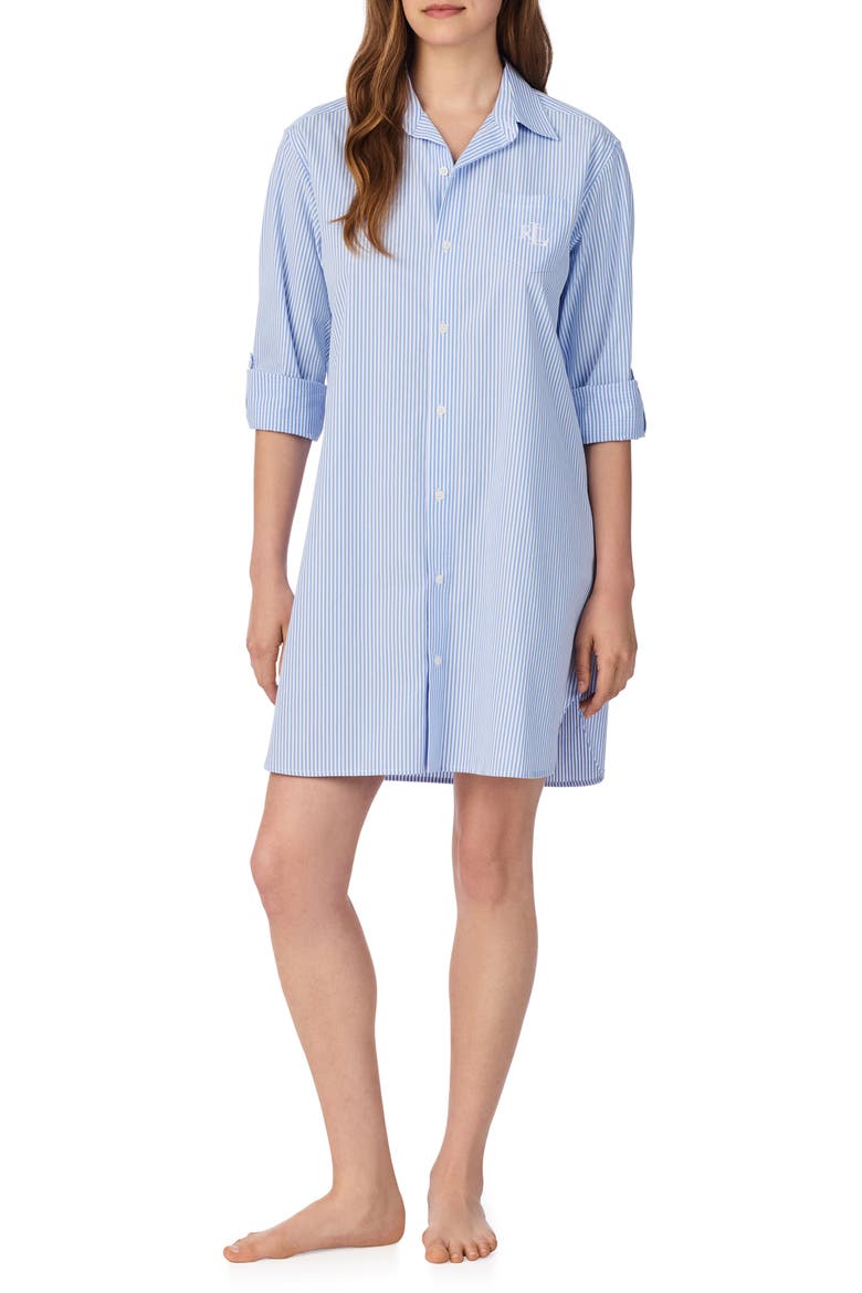 Print Cotton Sleepshirt, Alternate, color, BLUE STP