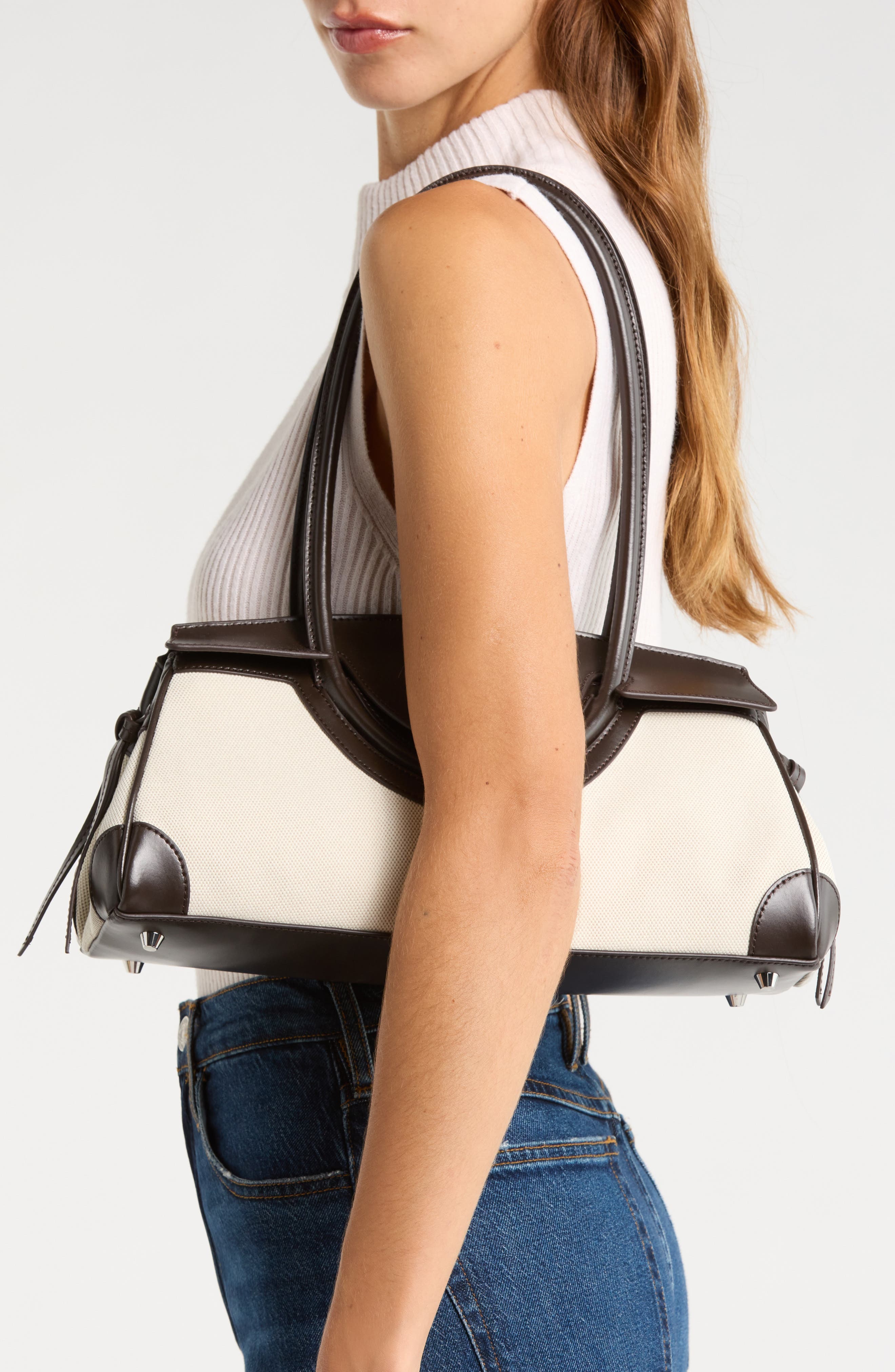 STAUD Maude Canvas & Leather Shoulder Bag, Alternate, color, Natural/ Espresso