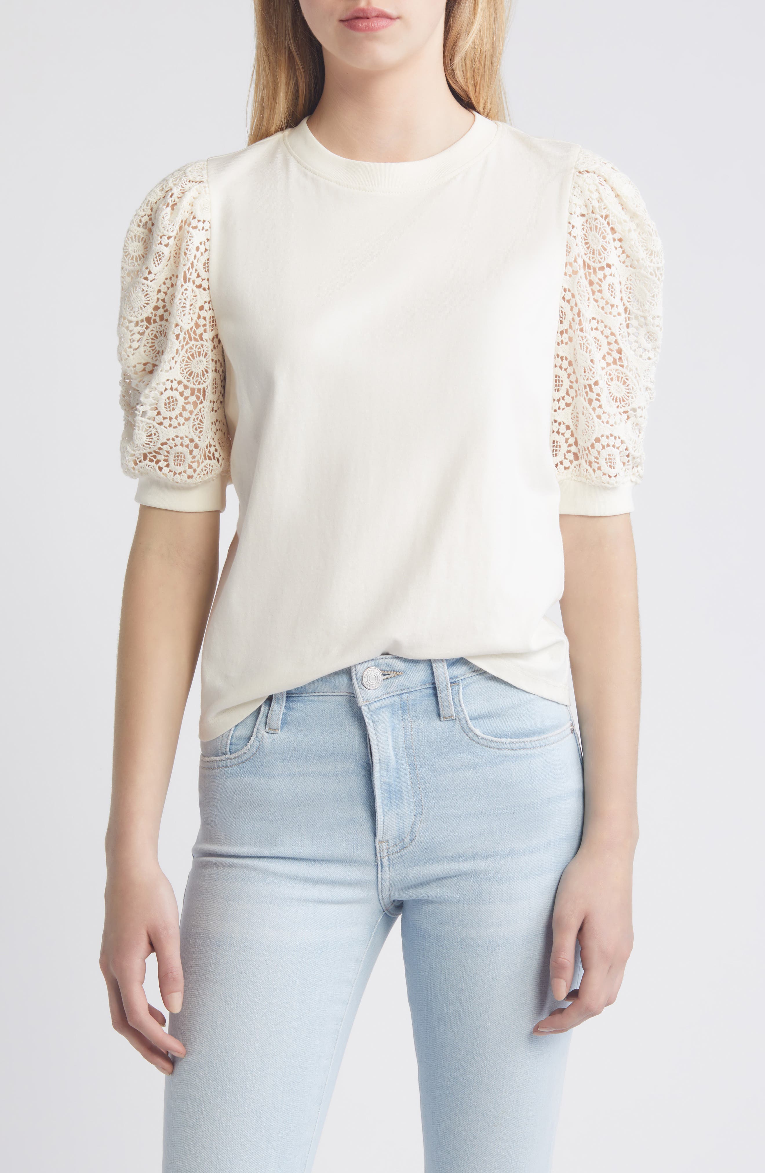FRAME Frankie Lace Puff Sleeve T-Shirt