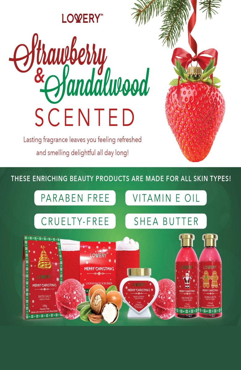 Lovery Strawberry & Sandalwood Merry Christmas Spa Gift Basket, Alternate, color, Strawberry