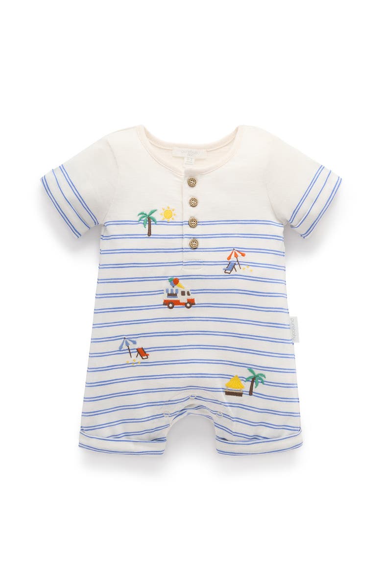 Purebaby Resort Striped Romper, Main, color, Pacific Mini Stripe