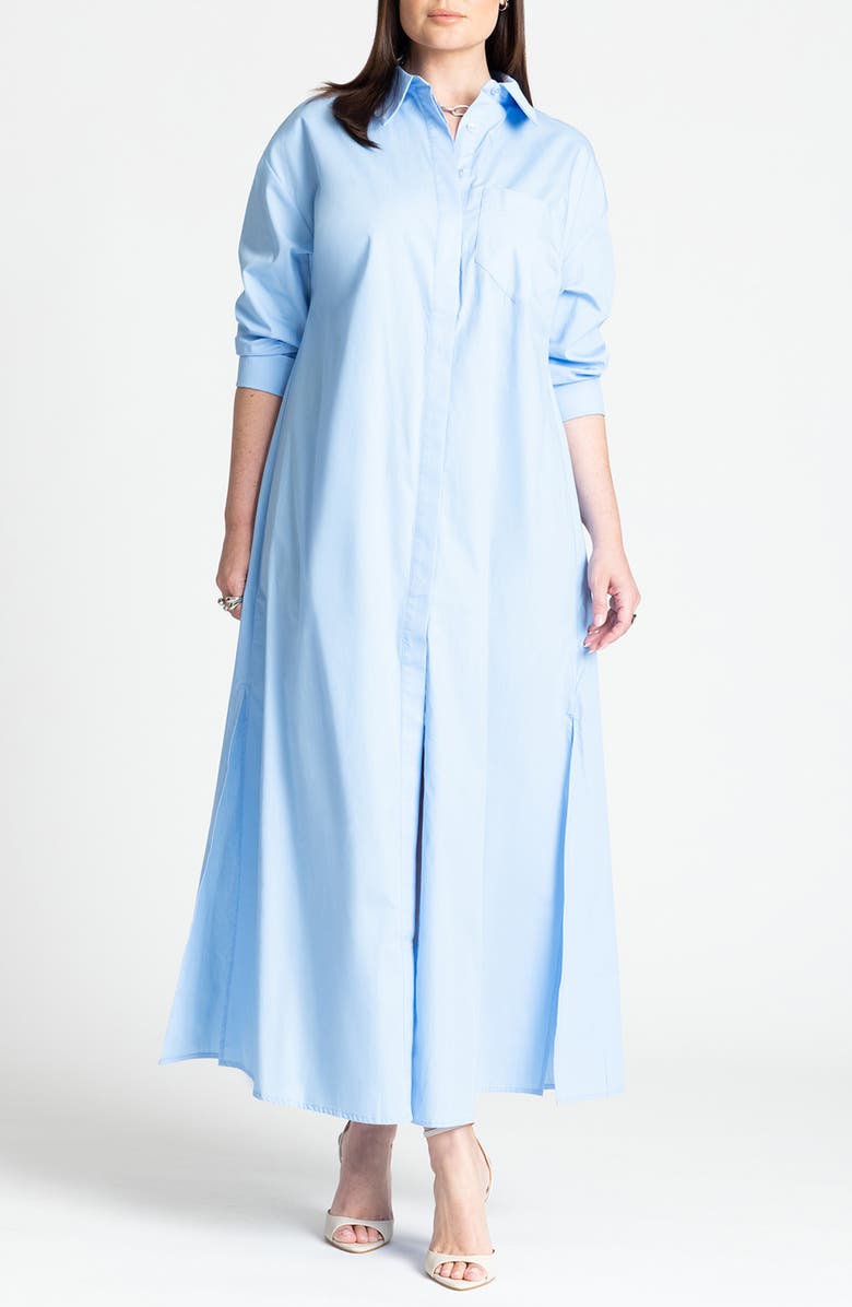 ELOQUII Long Sleeve Cotton Poplin Maxi Shirtdress, Main, color, 