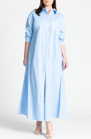 ELOQUII Long Sleeve Cotton Poplin Maxi Shirtdress