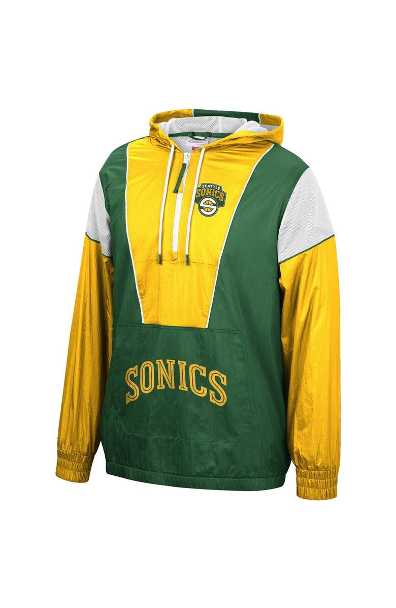 Mitchell & Ness Men's Mitchell & Ness Green/Gold Seattle Supersonics Hardwood Classics Highlight Reel Windbreaker Hoodie Half-Zip Jacket, Alternate, color, 