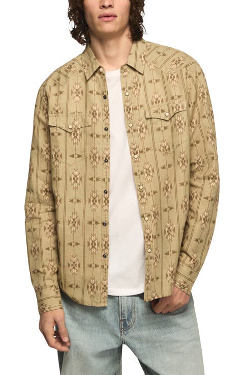 Geo Pattern Slub Cotton Snap-Up Western Shirt