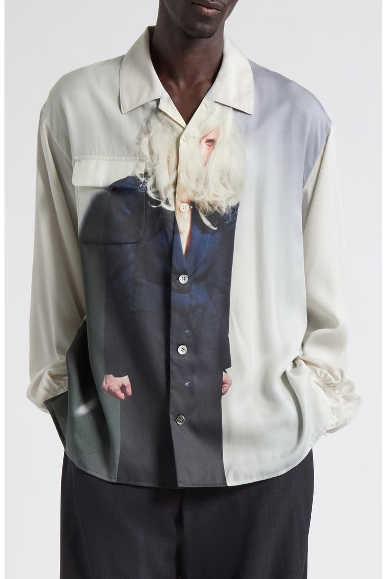 Graphic Print Long Sleeve Camp Shirt, Main, color, LIGHT BEIGE GRAY
