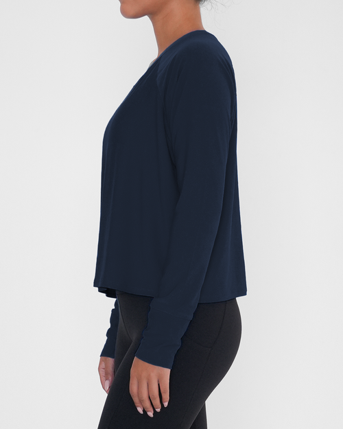 Rebody Active Sera Mid Length Boxy Nylon Long Sleeve Top In Blue