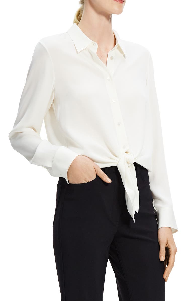 Theory Long Sleeve Button-Up Tie Waist Silk Blouse, Alternate, color, 