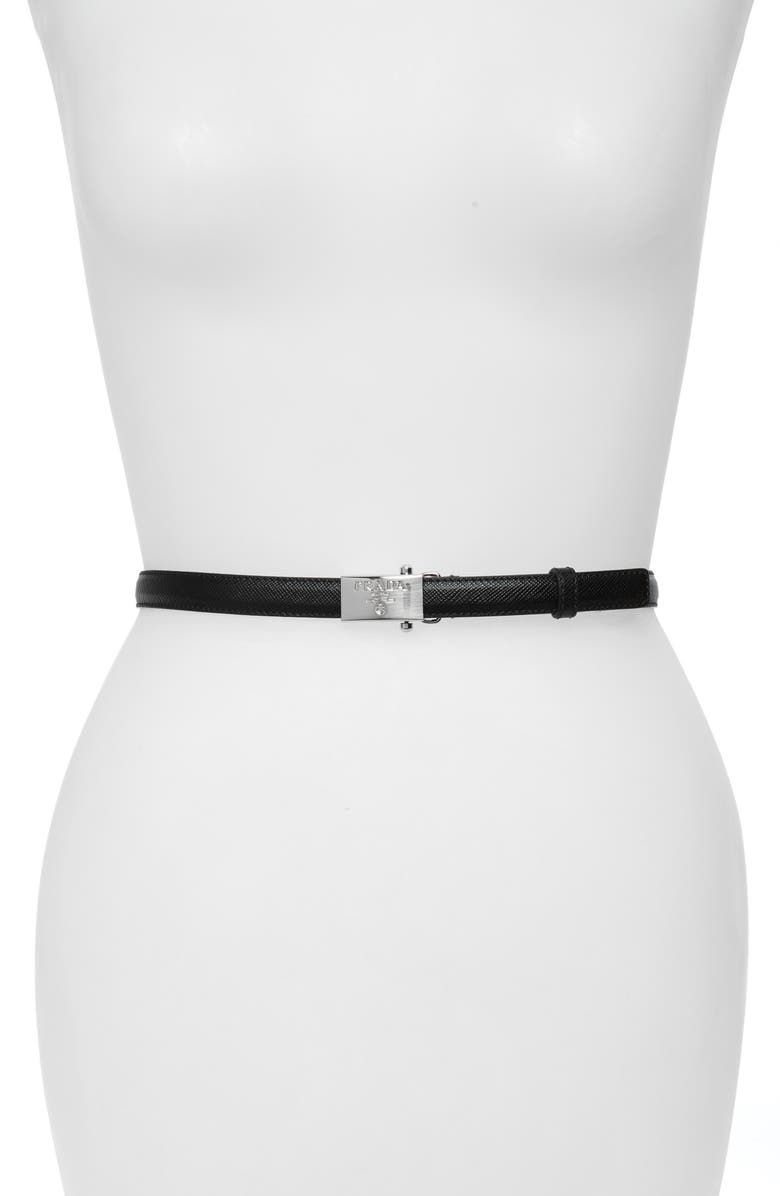 Prada Logo Buckle Saffiano Leather Skinny Belt, Main, color,