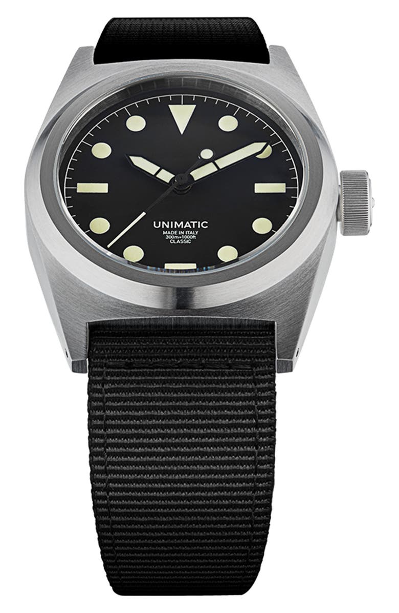 UNIMATIC Modello Due Automatic NATO Strap Classic Watch, 37mm x 39mm, Alternate, color, Black Steel