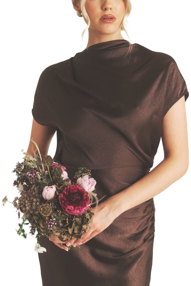 Batwing High Neck Satin Bridesmaid Dress, Alternate, color, Chocolate