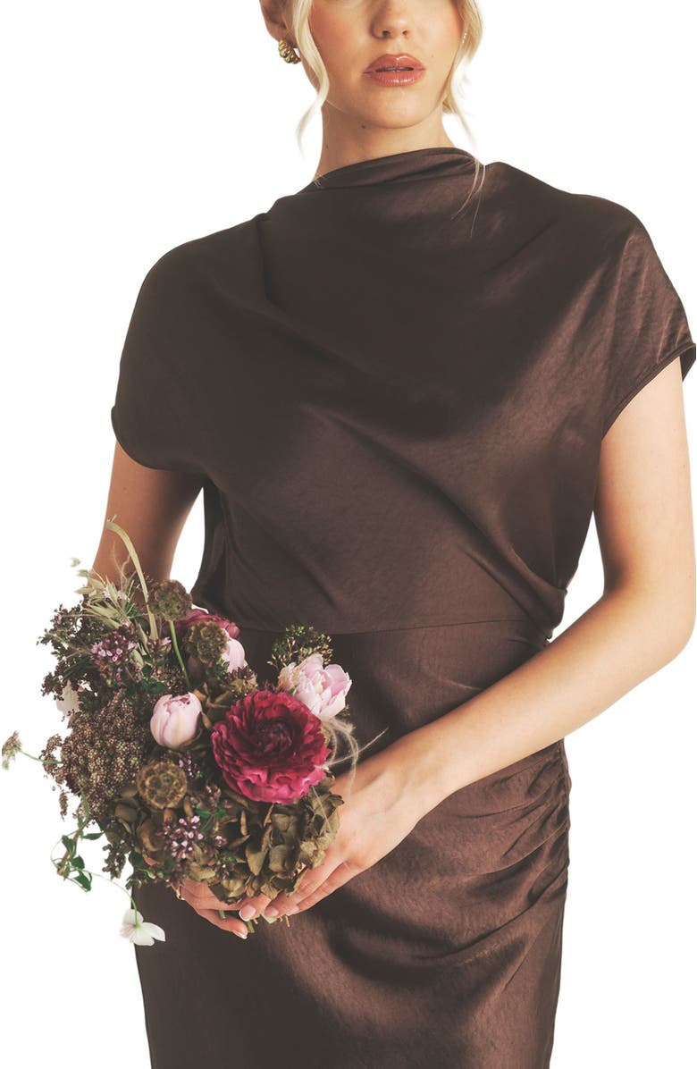 Six Stories Batwing High Neck Satin Bridesmaid Dress, Alternate, color, Chocolate