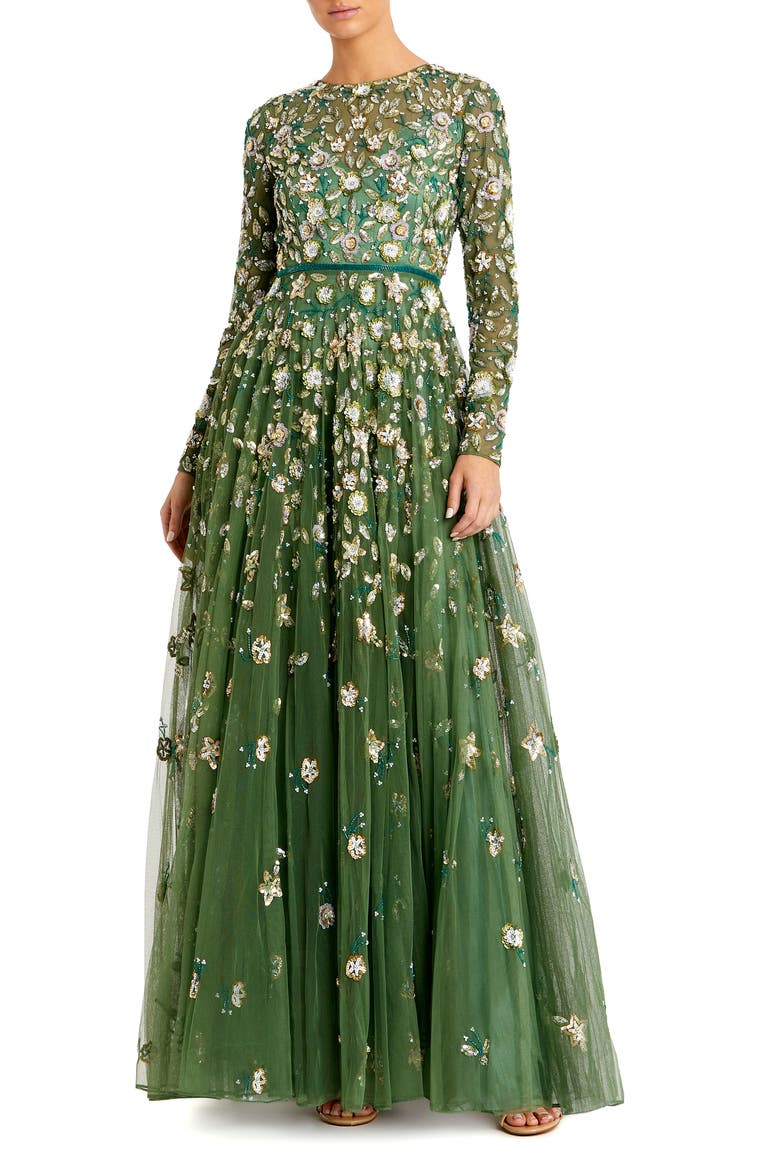 Petite Embellished High Neck Long Sleeve A-Line Gown, Main, color, Sage