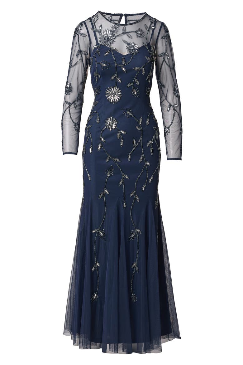 Beaded Floral Long Sleeve Mesh Gown, Alternate, color, LIGHT NAVY