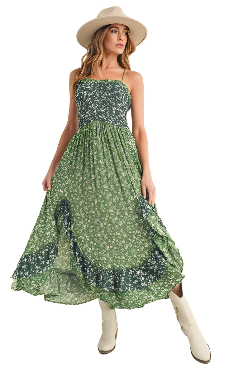 Knit and Lounge Floral Tiered Maxi Dress with Spaghetti Straps, Alternate, color, Green Floral