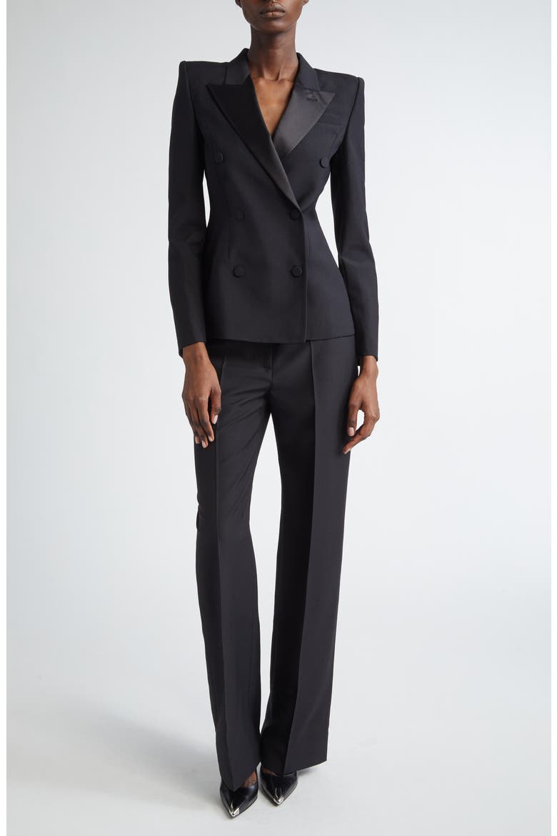 Creased High Waist Wide Leg Wool Trousers, Alternate, color, BLACK