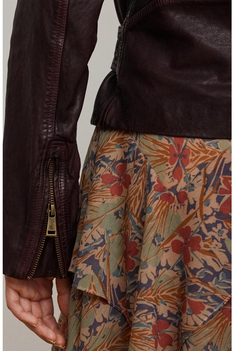 Belted Burnished Leather Jacket, Alternate, color, PINOT NOIR