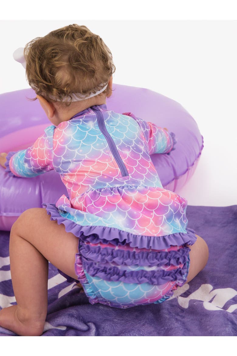 UPF50+ Long Sleeve One Piece Bow Peplum Rash Guard Swimsuit, Alternate, color, Shimmer Mermaid Tale