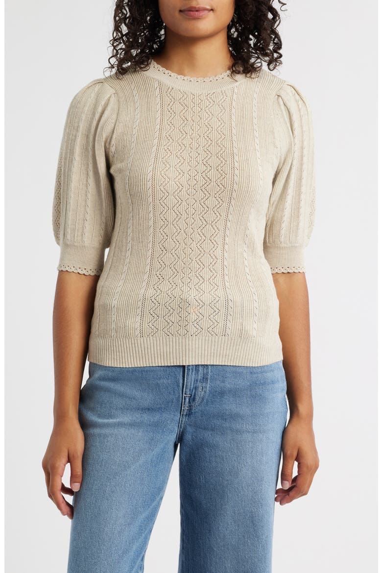 Pointelle Elbow Sleeve Sweater, Main, color, STONE