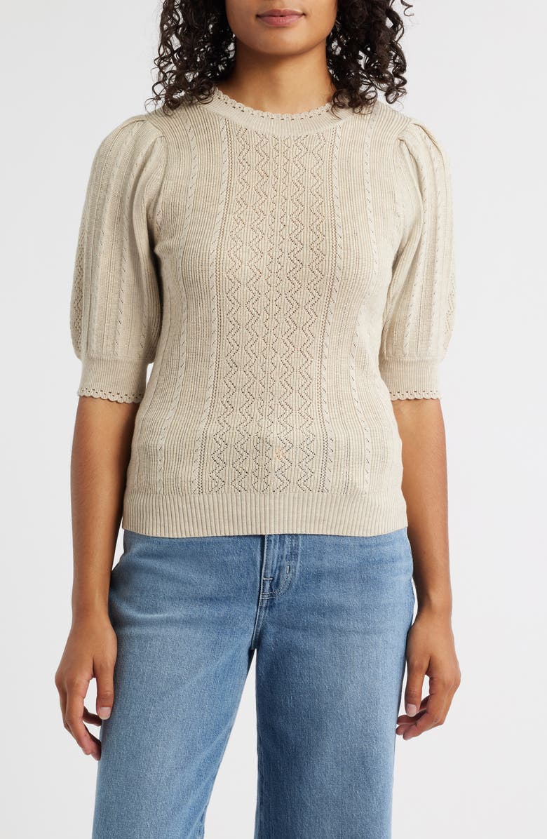Wit & Wisdom Pointelle Elbow Sleeve Sweater, Main, color, Stone