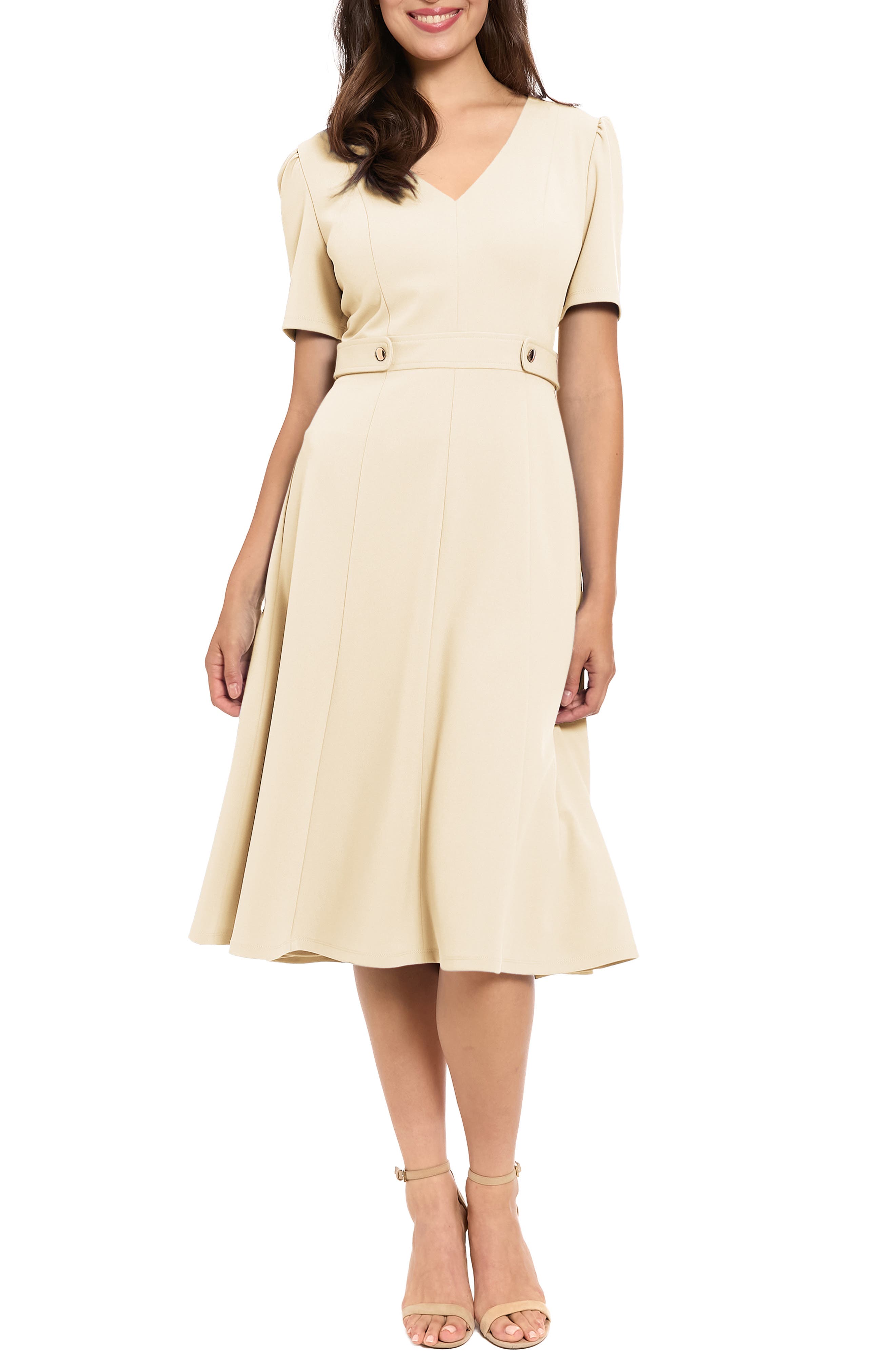 London Times V-Neck Side Tab Fit & Flare Midi Dress