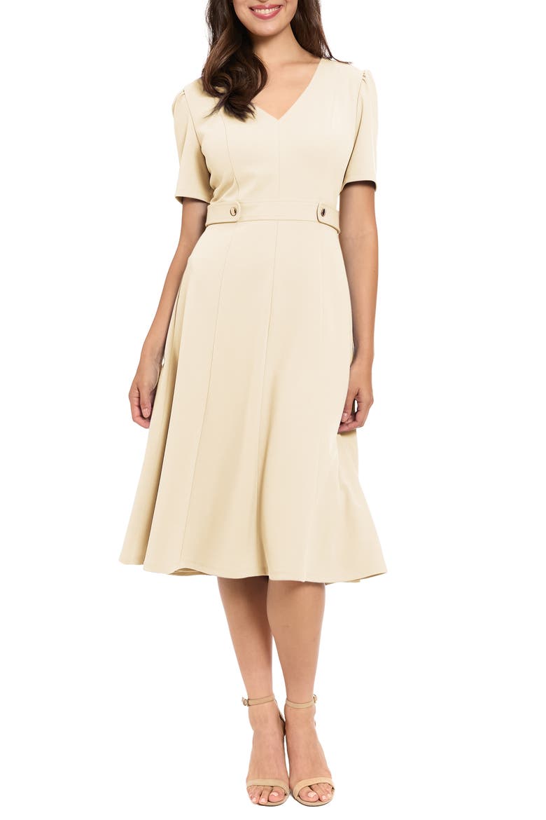 V-Neck Side Tab Fit & Flare Midi Dress, Main, color, SUGAR IVORY