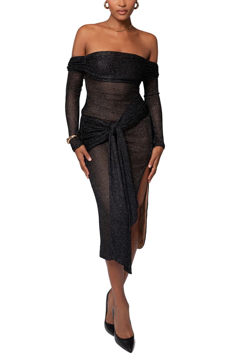 JLUXLABEL Island Elegance Metallic Long Sleeve Body-Con Cocktail Dress, Alternate, color, Black