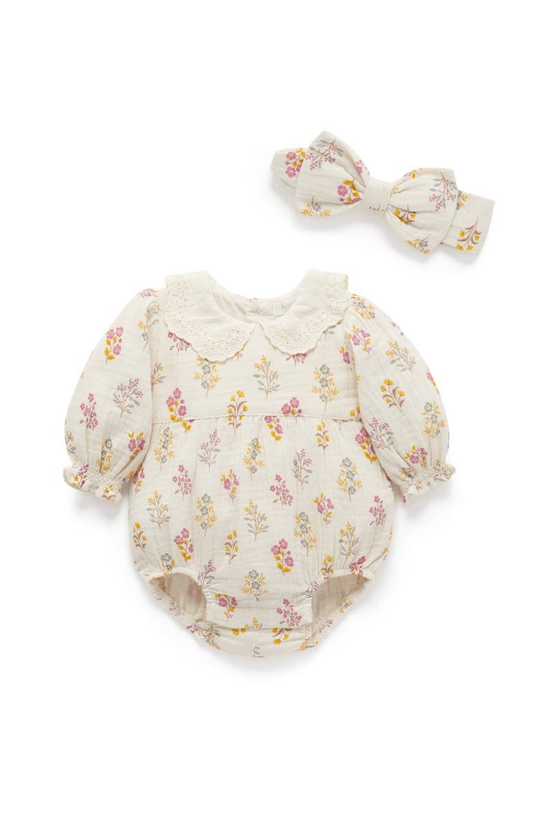 Purebaby Crinkle Cotton Bodysuit & Headband, Main, color, Posie Floral