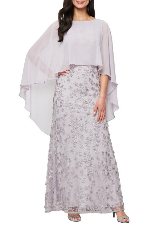 Chiffon Capelet Floral Embroidered Gown