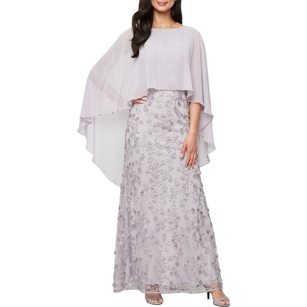 Shop Sl Fashions Chiffon Capelet Floral Embroidered Gown In Lavender