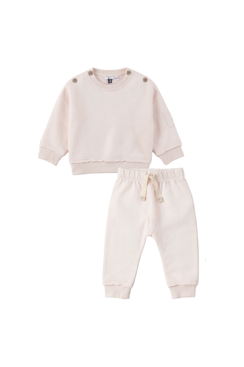 Girl French Terry Rib Trim Raw Edge Sweatshirt and Pants Set, Main, color, Light Blush