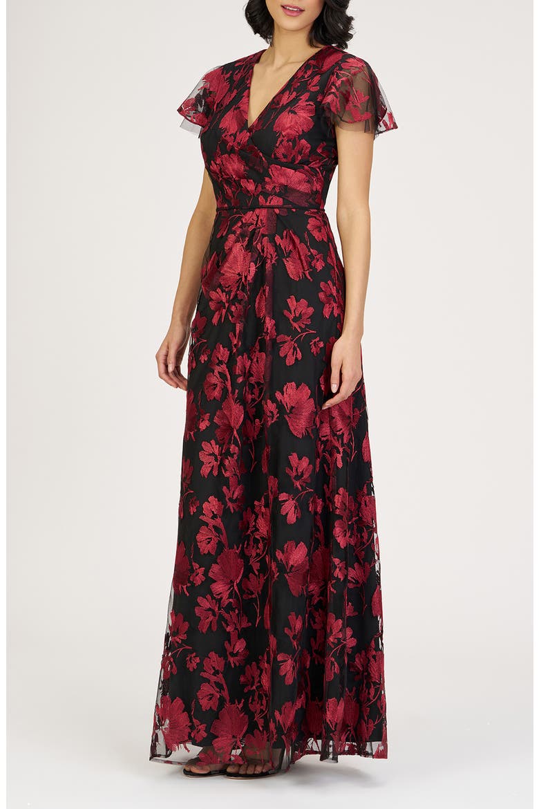 Fauna Floral Embroidered Flutter Sleeve Gown, Alternate, color, RED/ BLACK