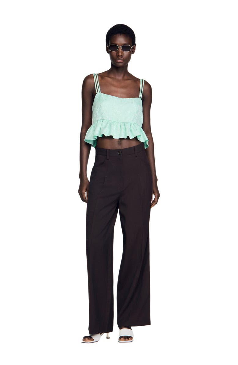 SANDRO Floral jacquard ruffle crop top, Alternate, color, Light Green