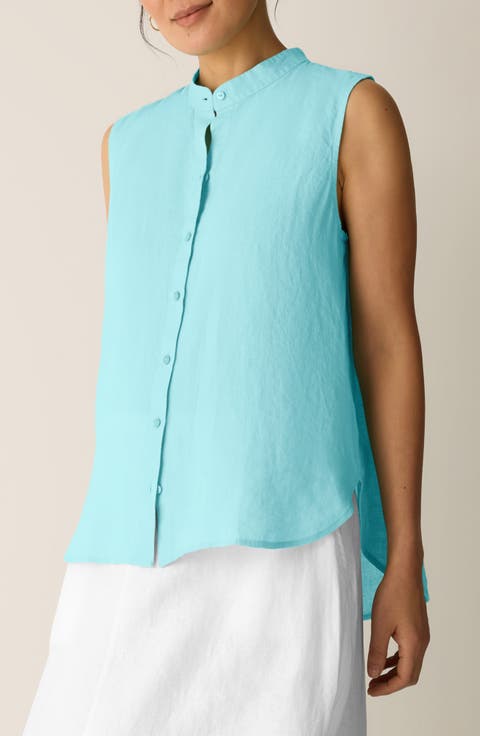 Sleeveless Linen Mandarin Collar Button-Up Shirt