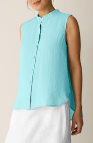 Eileen Fisher Sleeveless Linen Mandarin Collar Button-Up Shirt