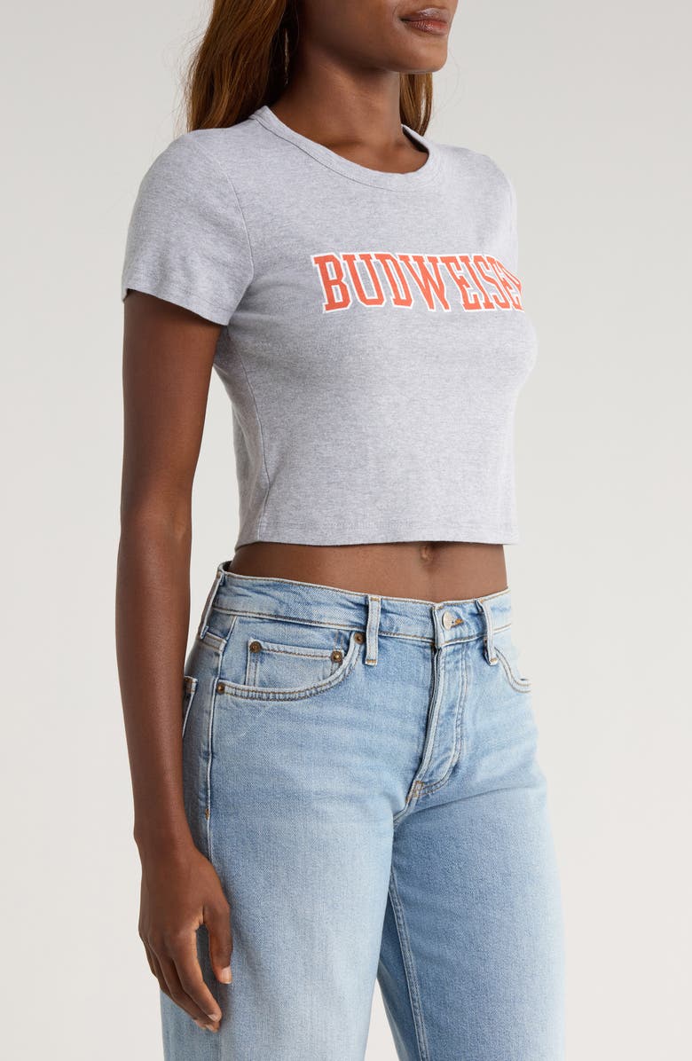 Junk Food Budweiser<sup>®</sup> Crop Graphic T-Shirt, Alternate, color, Heather Grey