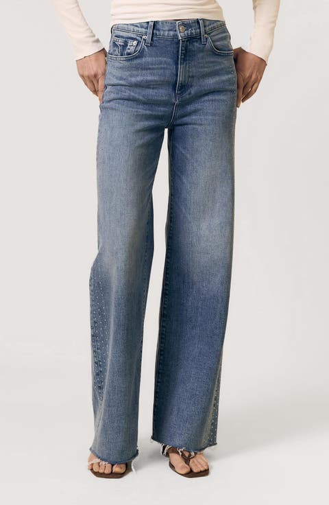 Embellished Frayed High Waist Column Jeans (Crystal Blue)