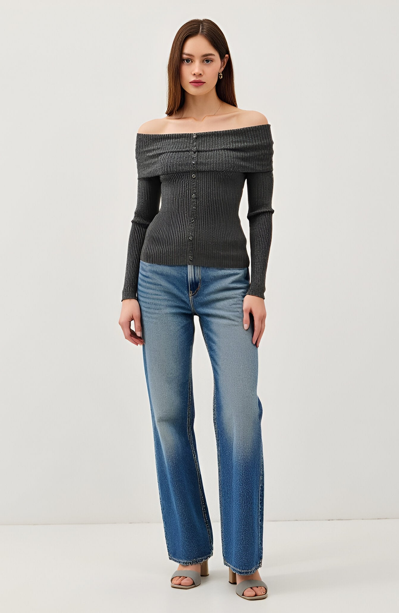 Modenaire Ribbed Button-Up Long Sleeve Top with Roll Shoulder Detail, Alternate, color, 