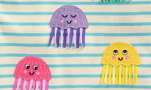 Mini Boden Kids' Stripe Jellyfish Appliqué Flutter Sleeve Cotton Graphic T-shirt In Caribbean Blue Jellyfish