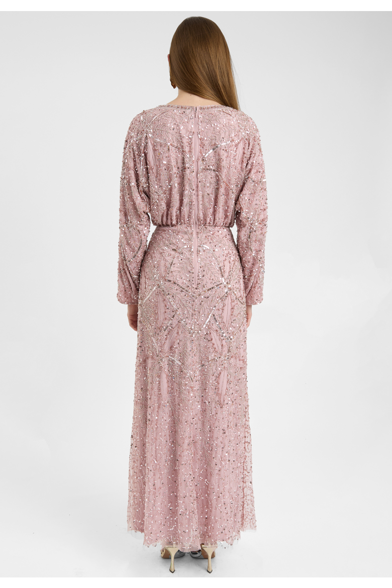Modest Embellished Sequin Beaded Dress Maxi With long Flowey Sleeves, Alternate, color, FROSTED PINK