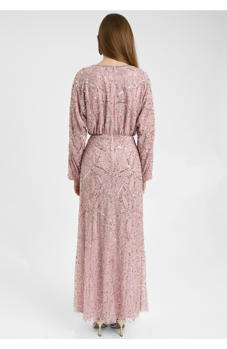 MARYISA Modest Embellished Sequin Beaded Dress Maxi With long Flowey Sleeves, Alternate, color, Frosted Pink