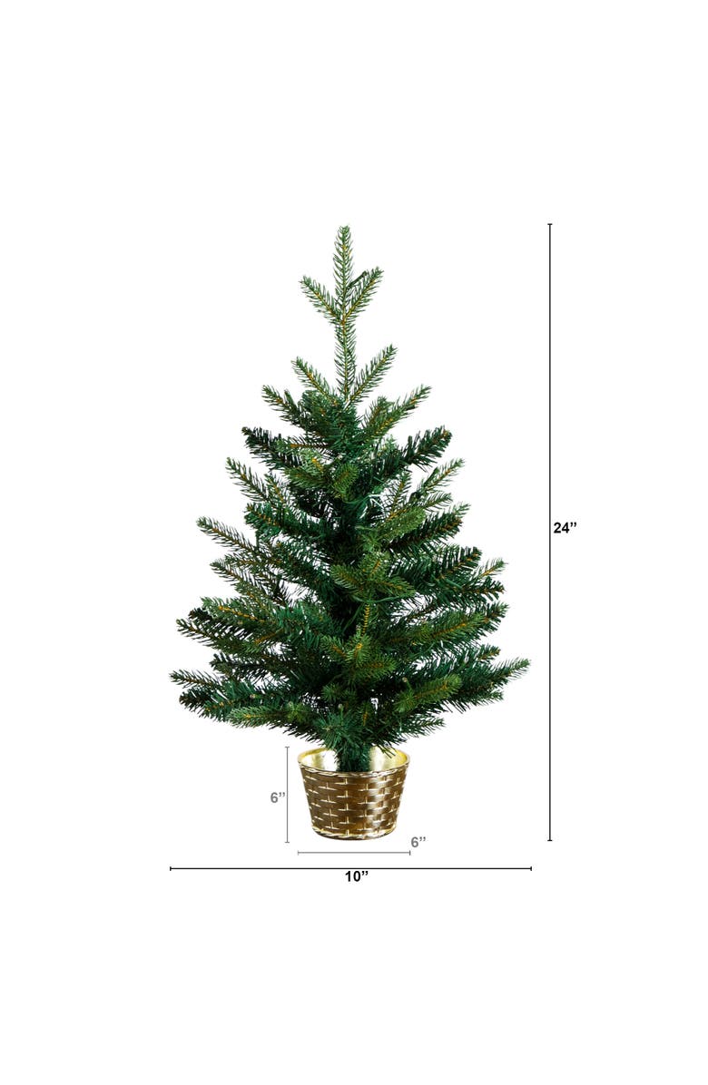 NEARLY NATURAL 2-ft Pre-Lit Artificial Classic Christmas Tree with 35 Warm White LED Lights in Gold Decorative Planter, Alternate, color, Green