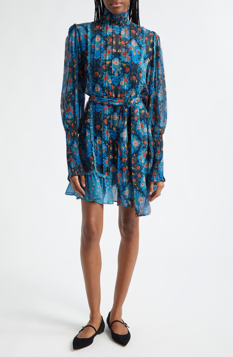 FARM Rio Blue Arabesque Floral Belted Turtleneck Minidress, Main, color, 