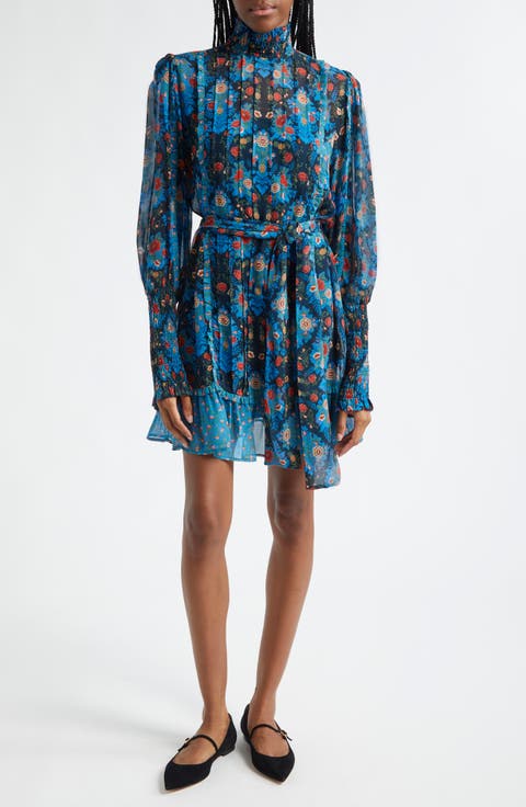 Blue Arabesque Floral Belted Turtleneck Minidress